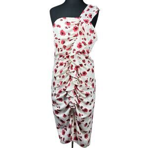 Lucy Paris One Shoulder Midi Dress Cream Red Floral Ruffles Feminine Cocktail L